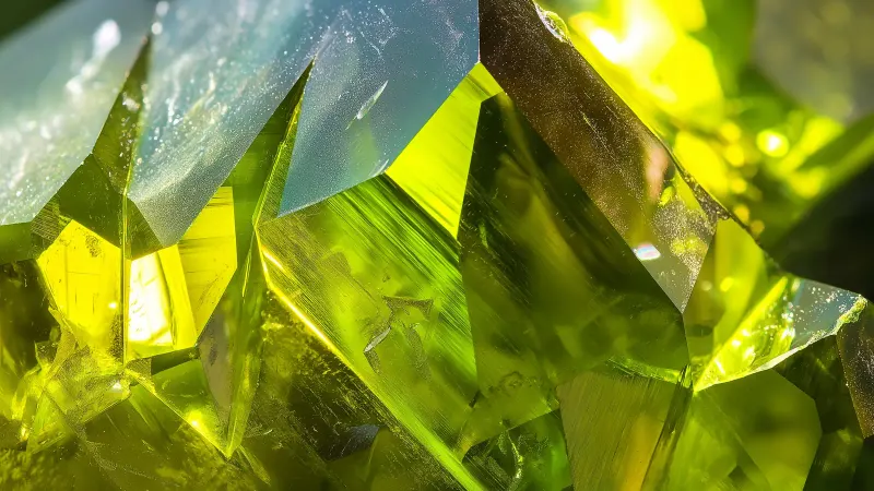 A close-up of bright green crystals with sharp facets, glowing under light.