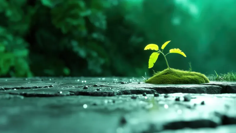 A glowing green sprout growing from moss on a cracked stone.