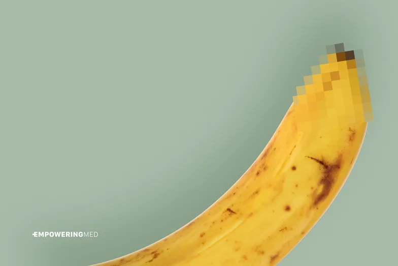 A pixelated banana on a green ground, from Empowering Med’s brand