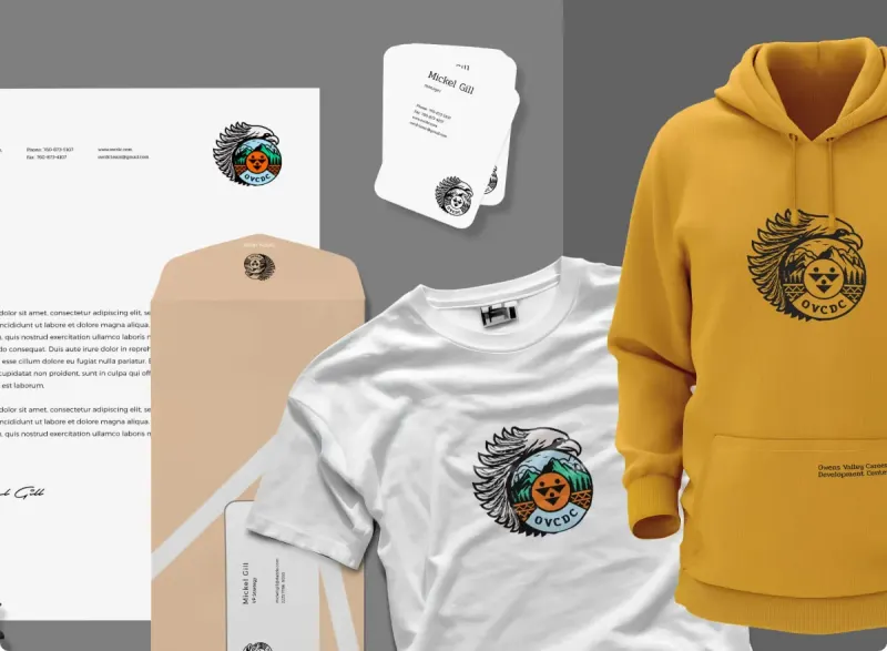 Owens Valley CDC's identity on a letterhead, a t-shirt, a hoodie and stationery