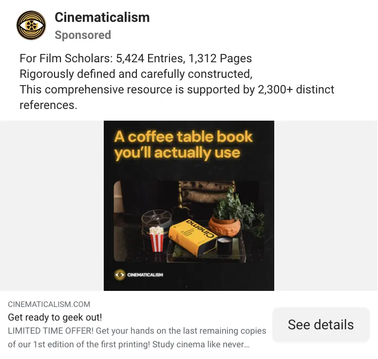 Cinematicalism Facebook ad: A coffee table book you’ll actually use