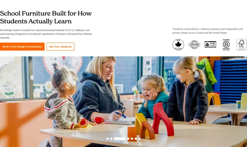 Natural Pod’s home page hero, “School Furniture Built for How Students Actually Learn”, with a teacher and children at a wooden classroom table