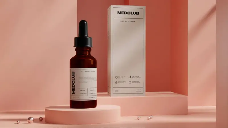 Empowering Med MedClub anti-aging serum: amber dropper bottle and boxed packaging on pink pedestals