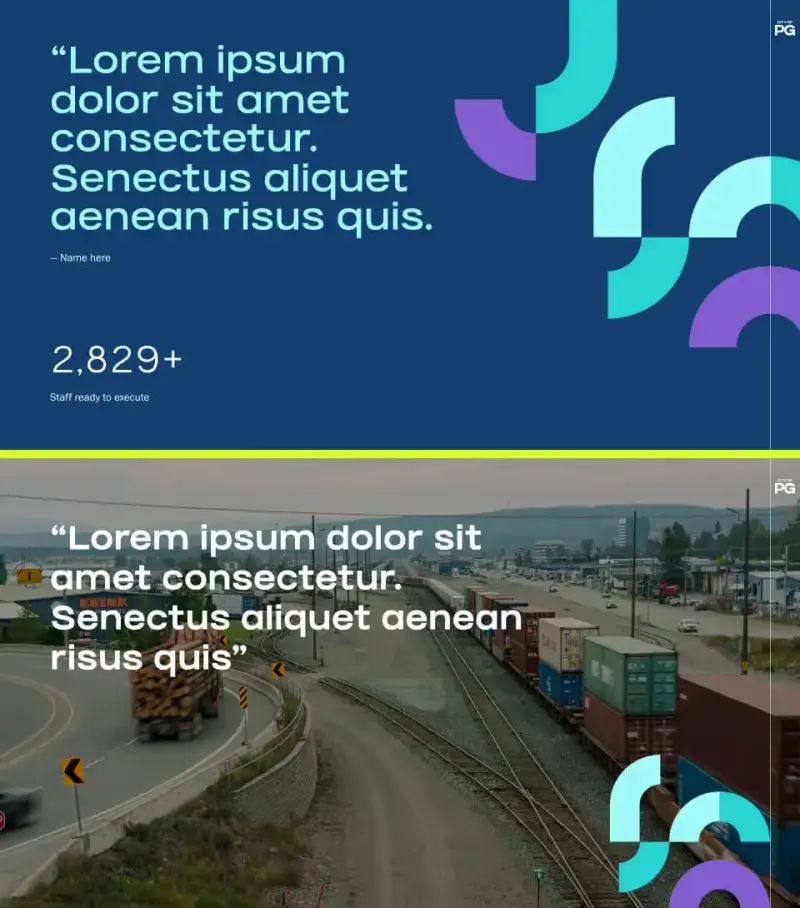 Two Prince George deck slides: a quote slide with geometric shapes, and a photo slide of a freight train and logging truck