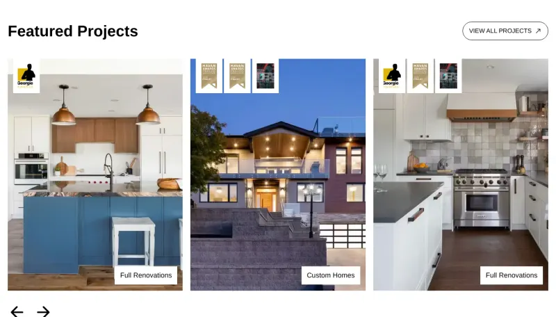TQ Construction’s Featured Projects section, with award badges on a blue island kitchen, a custom home at dusk and a white kitchen