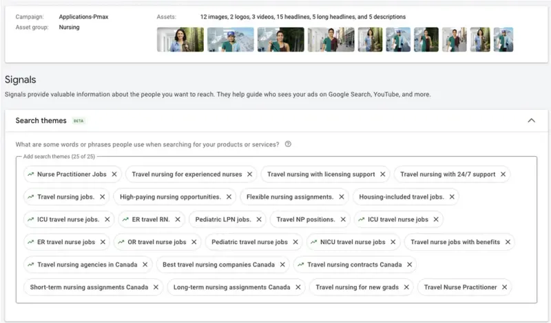 Google Ads Performance Max asset group for nursing, showing image assets and travel nursing search theme keywords