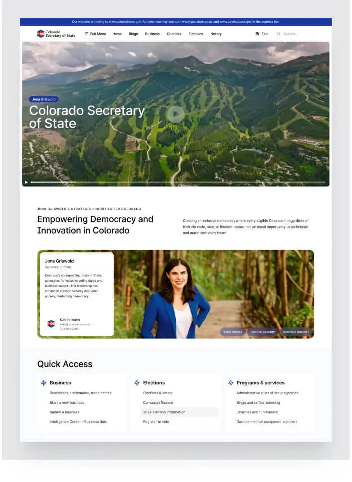 Colorado Secretary of State website homepage with a mountain video hero and Quick Access links