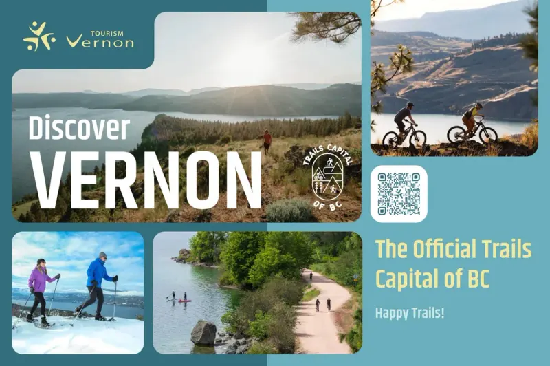Tourism Vernon "Discover Vernon" print ad with lake and mountain-bike photos, a QR code and "Official Trails Capital of BC"