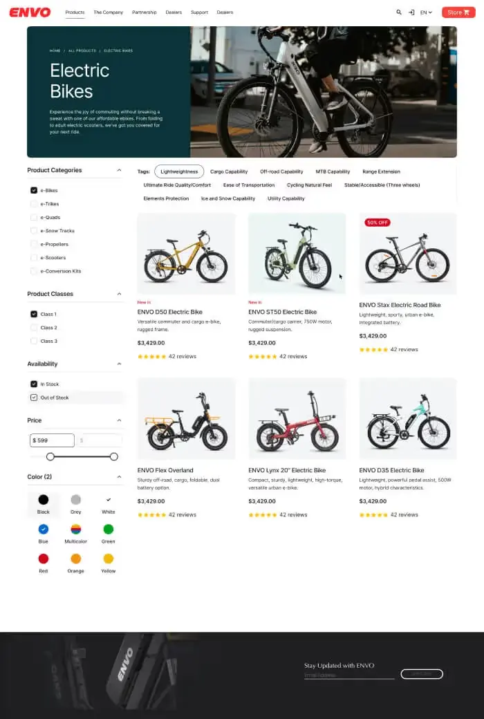 ENVO website electric bikes category page with filters, a hero banner and a grid of six e-bike product cards