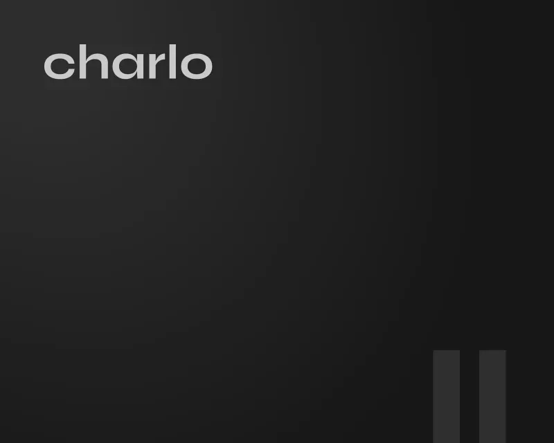 The Charlo wordmark in soft grey on a black ground, with the two-bar mark and www.charlo.com