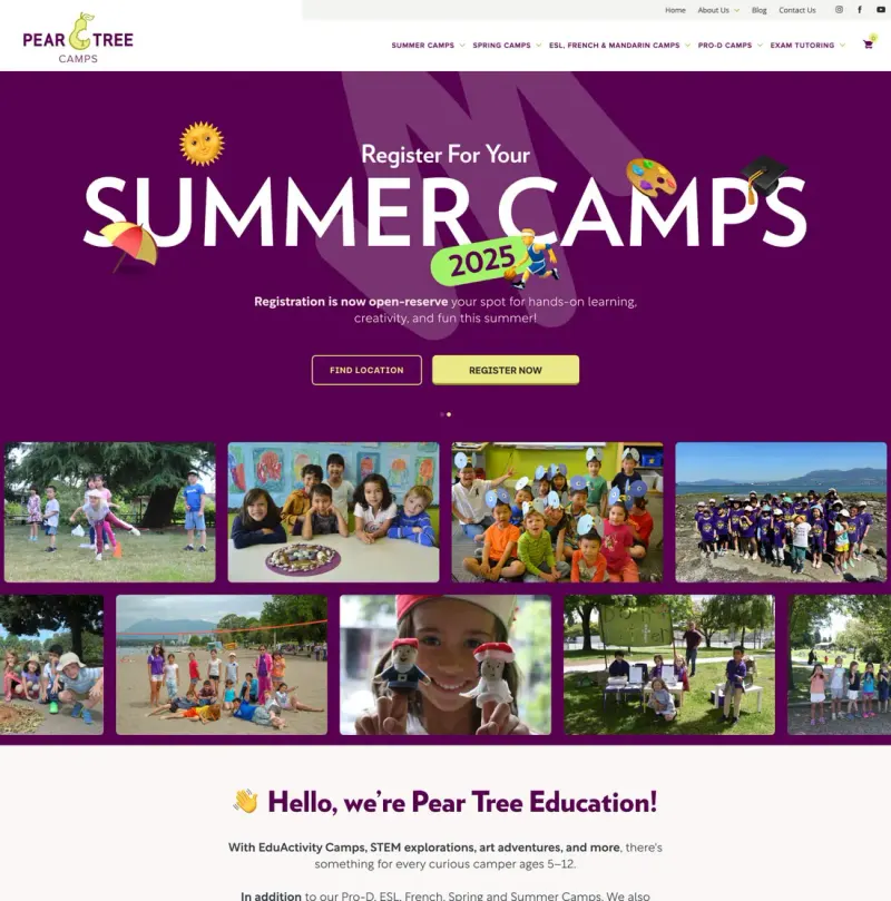 Pear Tree Camps website homepage on desktop with a 'Summer Camps 2025' banner, register button and camper photos