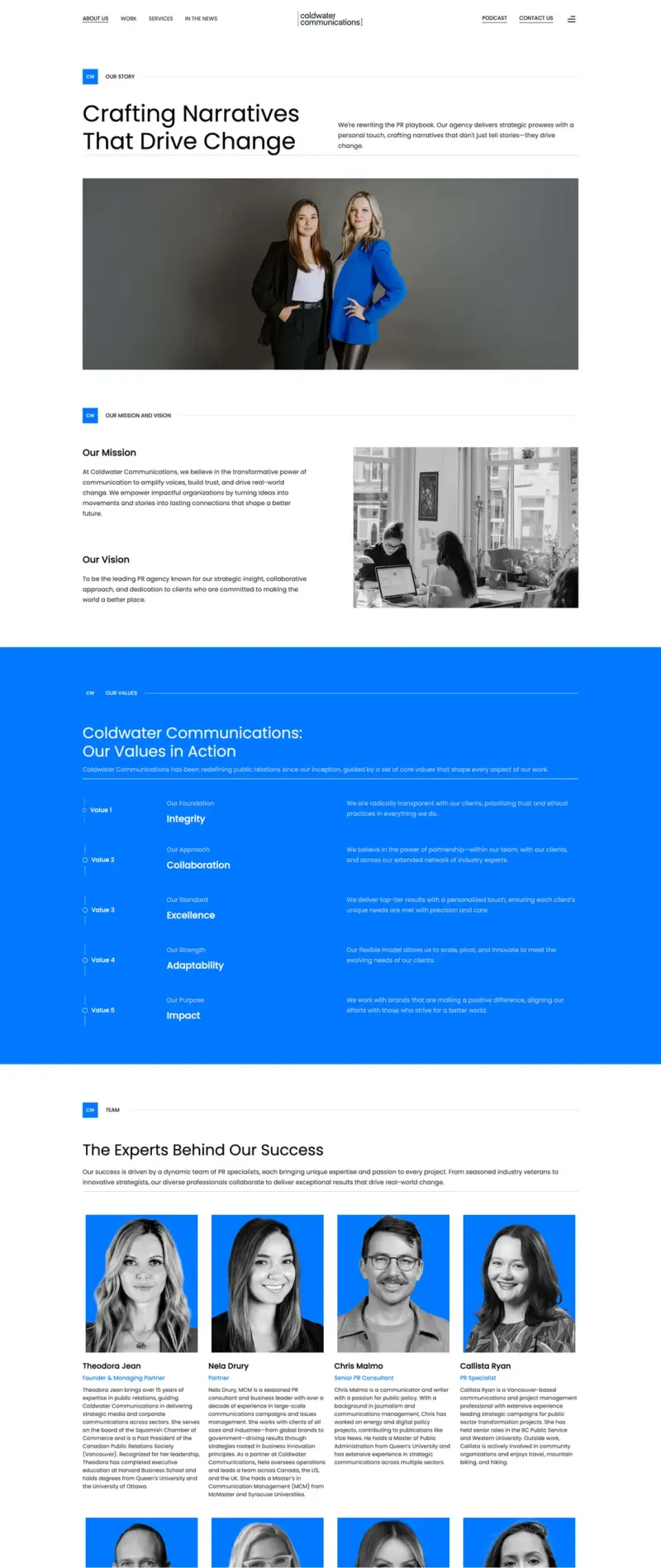 Coldwater Communications About page: "Crafting Narratives That Drive Change", mission, values on blue and team portraits
