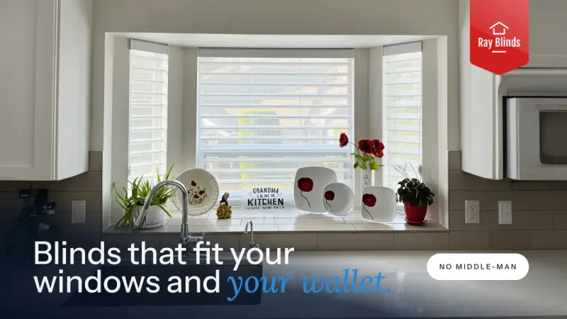 Ray Blinds ad “Blinds that fit your windows and your wallet”, over zebra blinds in a kitchen bay window, with a “No middle-man” badge