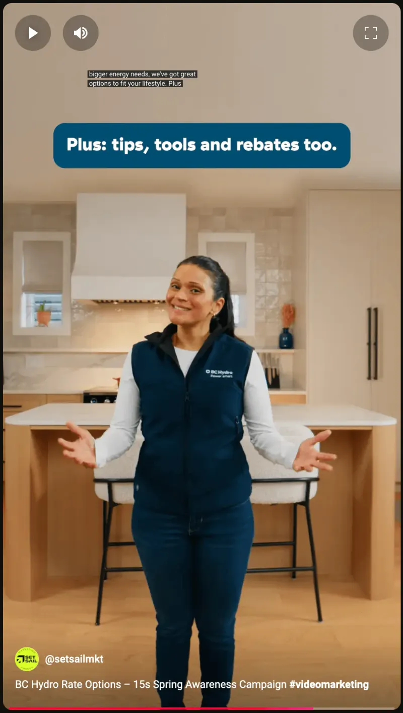 BC Hydro short-form video still: a host in a BC Hydro vest in a kitchen with caption "Plus: tips, tools and rebates too."