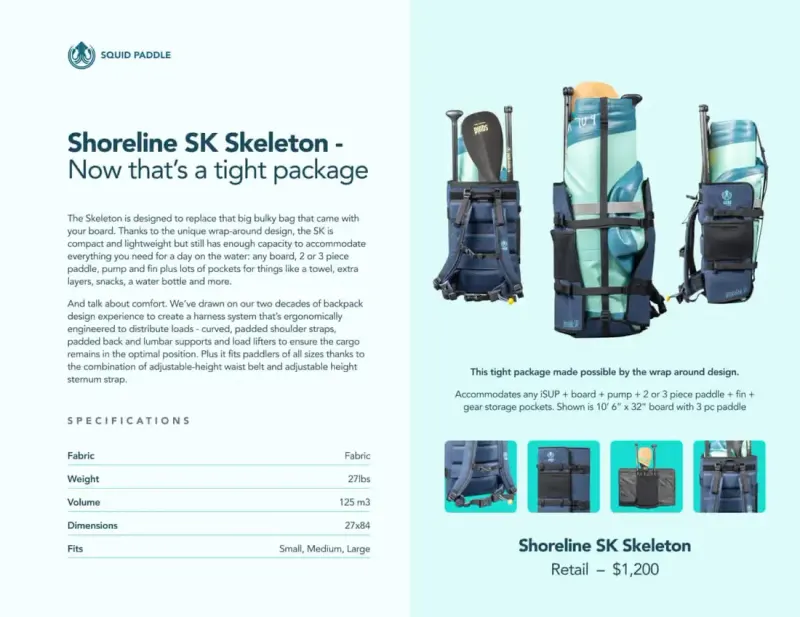 Squid Paddle sales sheet for the Shoreline SK Skeleton backpack with specifications and $1,200 retail price