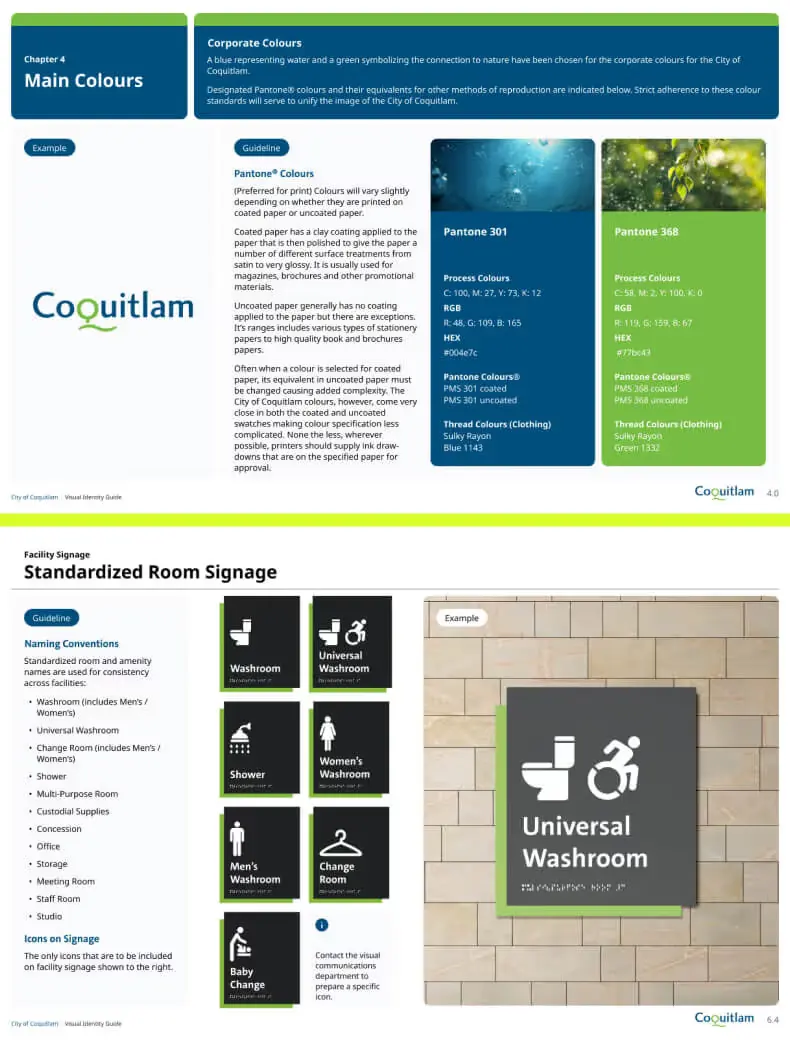 Coquitlam visual identity guide pages: main colours Pantone 301 and 368, and standardized room signage with icons