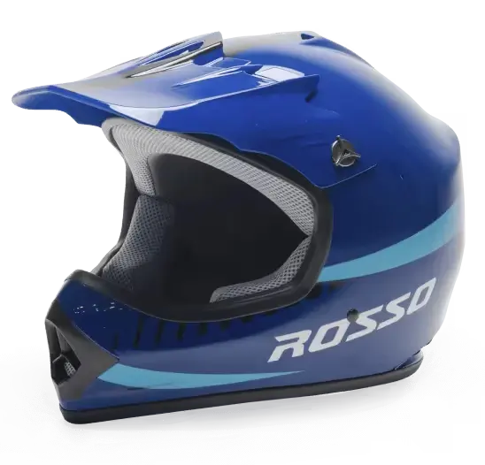Blue Rosso youth motocross helmet with light blue stripes shown on a white background