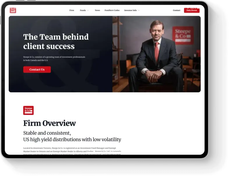 Steepe & Co tablet Firm page: "The Team behind client success" hero with a seated executive, then a Firm Overview section