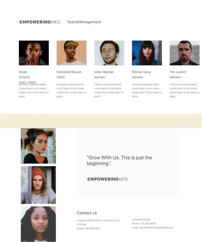 Empowering Med team page with five portraits and titles, plus a "Grow With Us" quote and contact details