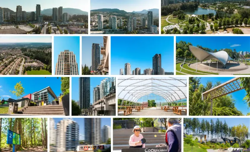 Grid of Coquitlam photography: aerial city views, towers, parks, an amphitheatre, SkyTrain and residents playing table tennis