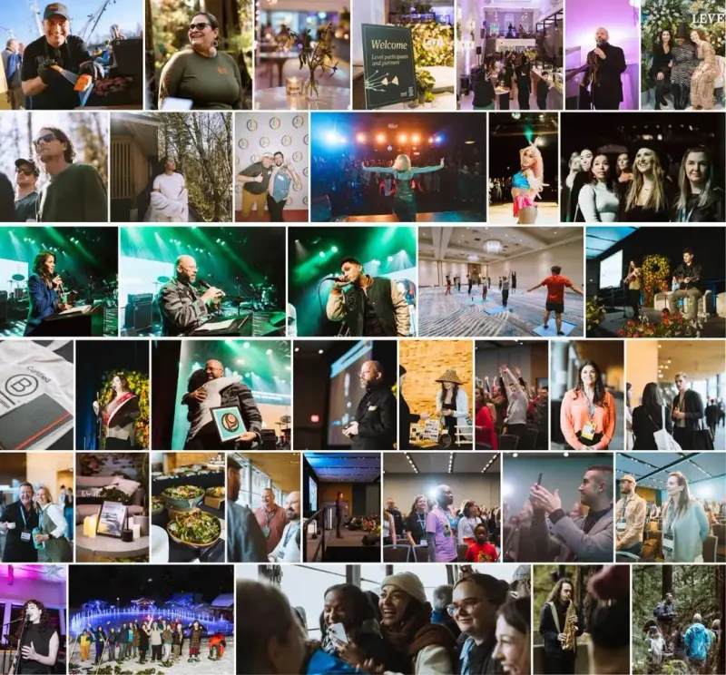 Photo collage of B Corp retreat moments: stage performances, speakers, workshops, meals and attendees outdoors