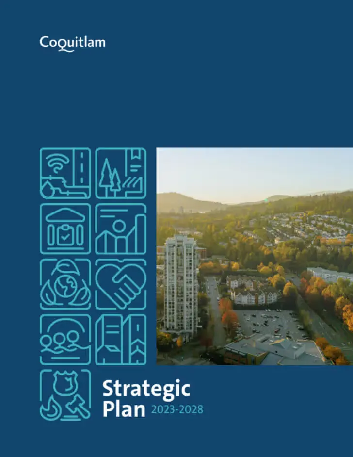 Cover of the Coquitlam Strategic Plan 2023-2028 with a grid of line icons and an aerial photo of a tower and autumn trees