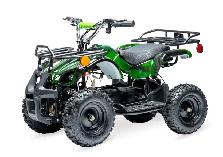 Green camouflage mini ATV with cargo racks, product photo on a white background