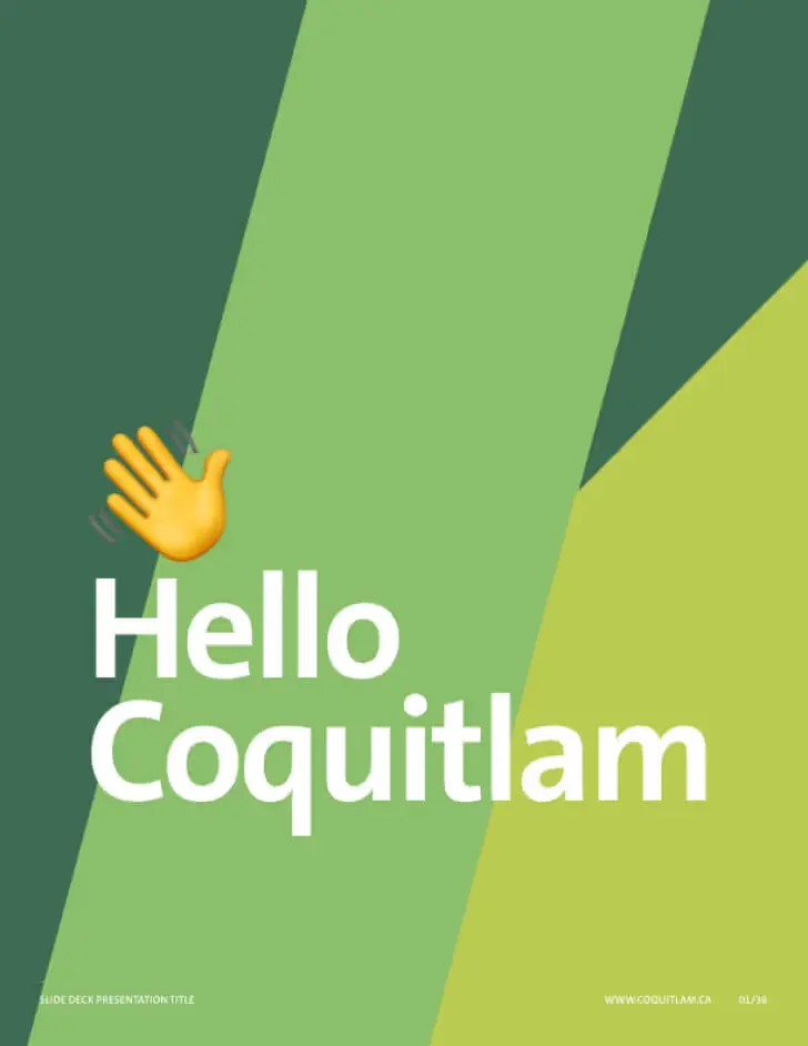 Coquitlam presentation cover slide reading 'Hello Coquitlam' with a waving hand emoji over green angled shapes