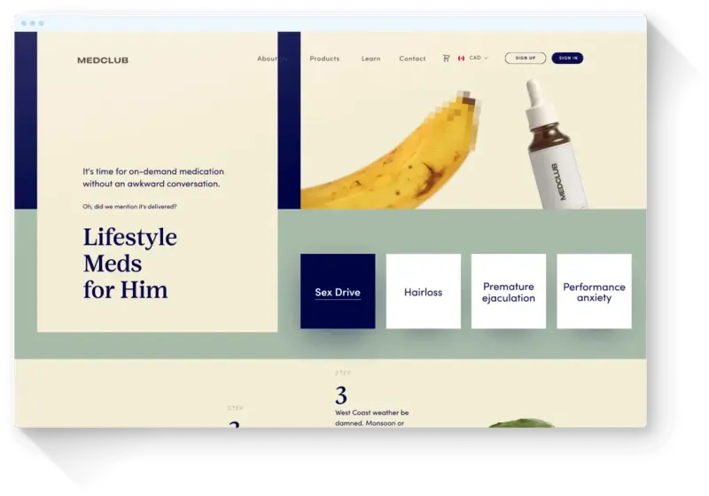 MedClub homepage for Empowering Med: "Lifestyle Meds for Him" with condition tiles like Hairloss and Sex Drive
