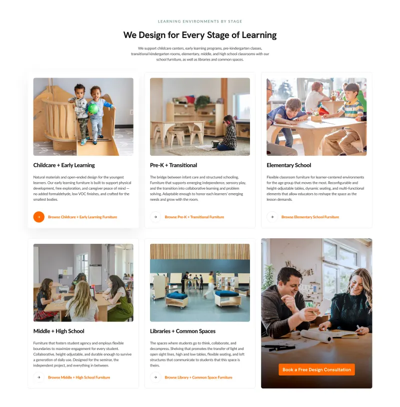 Natural Pod’s section “We Design for Every Stage of Learning”, with cards from childcare to libraries and common spaces