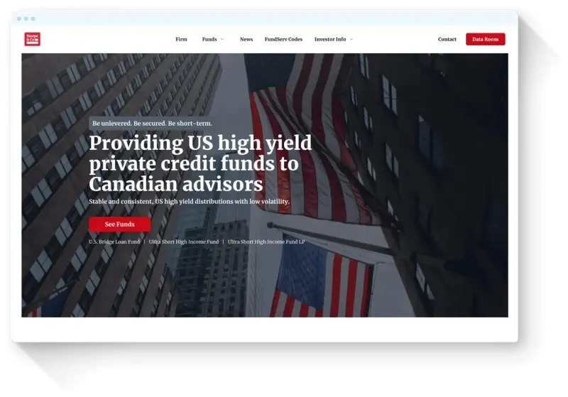 Steepe & Co homepage: "Providing US high yield private credit funds to Canadian advisors" over US flags and towers