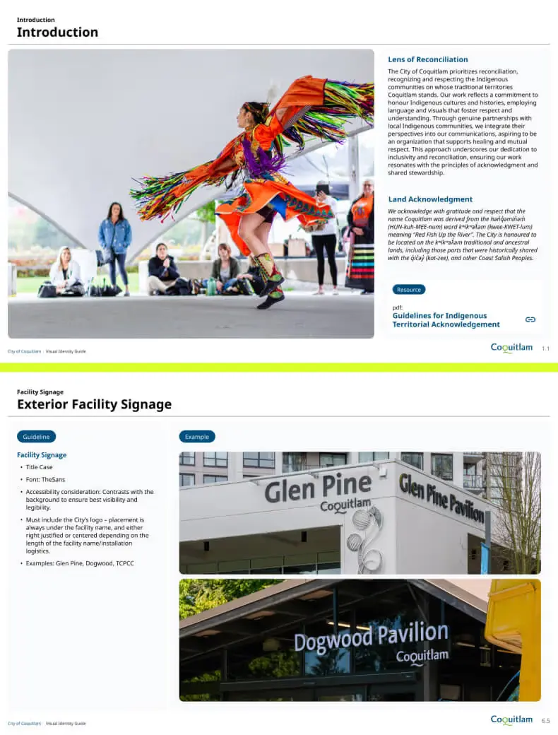 Coquitlam brand guide pages on reconciliation with a dancer in regalia, and exterior Glen Pine and Dogwood Pavilion signage