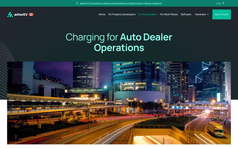 AetherEV’s page for auto dealers, “Charging for Auto Dealer Operations”, over a city road at night