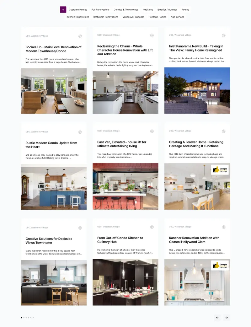TQ Construction’s renovation portfolio page, a grid of project cards from kitchens to full home renovations