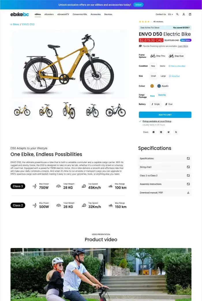 ENVO D50 electric bike product page with price, options, specifications and a product video section