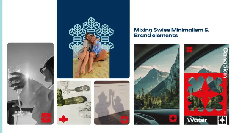 Crockies brand slide "Mixing Swiss Minimalism & Brand elements" with lifestyle photos, snowflake marks and a poster