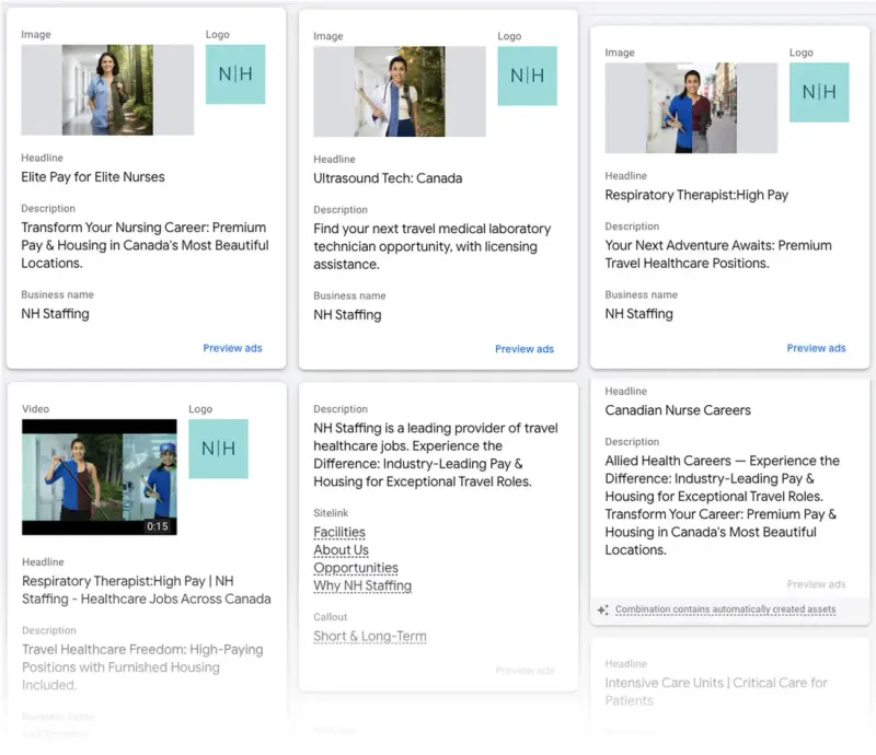 NH Staffing Google ad previews with healthcare worker images, N|H logo and headlines like 'Elite Pay for Elite Nurses'