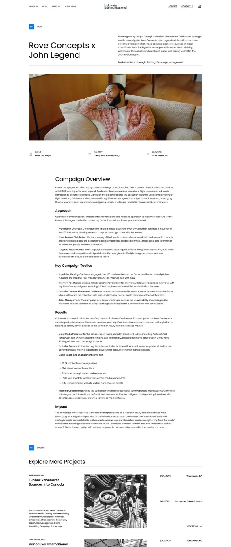 Coldwater Communications case study page for Rove Concepts with a hero photo, campaign overview and results sections