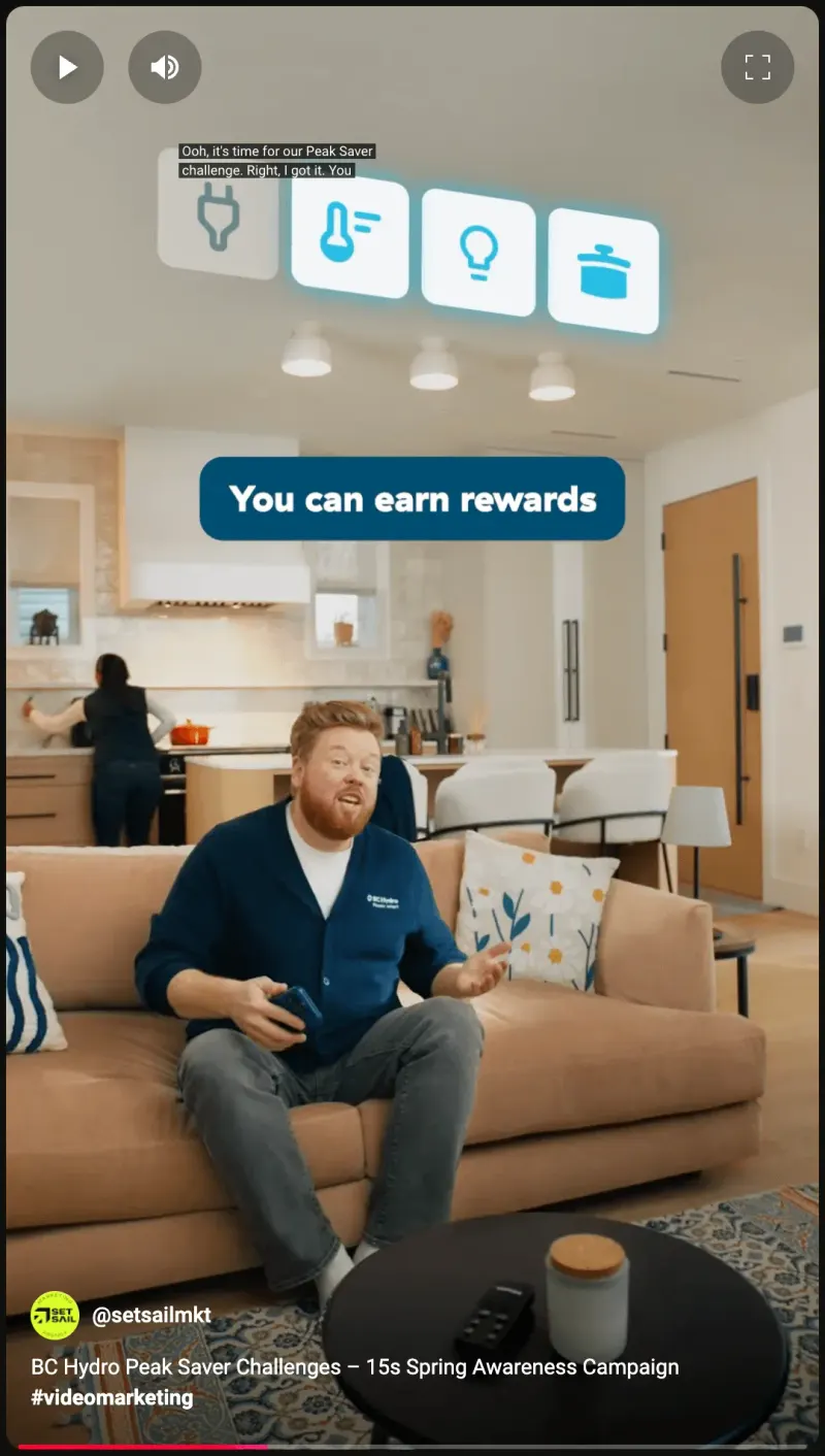 BC Hydro Peak Saver video still: a man on a sofa with energy-saving icons and caption "You can earn rewards"