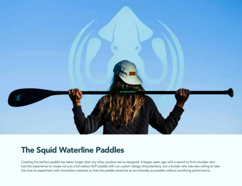 Squid Waterline Paddles brochure page: person with a carbon paddle across their shoulders against a blue sky