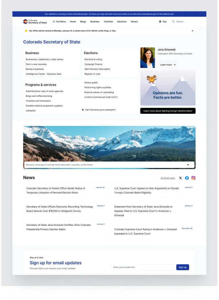 Colorado Secretary of State homepage design showing service links, a mountain photo banner and news list