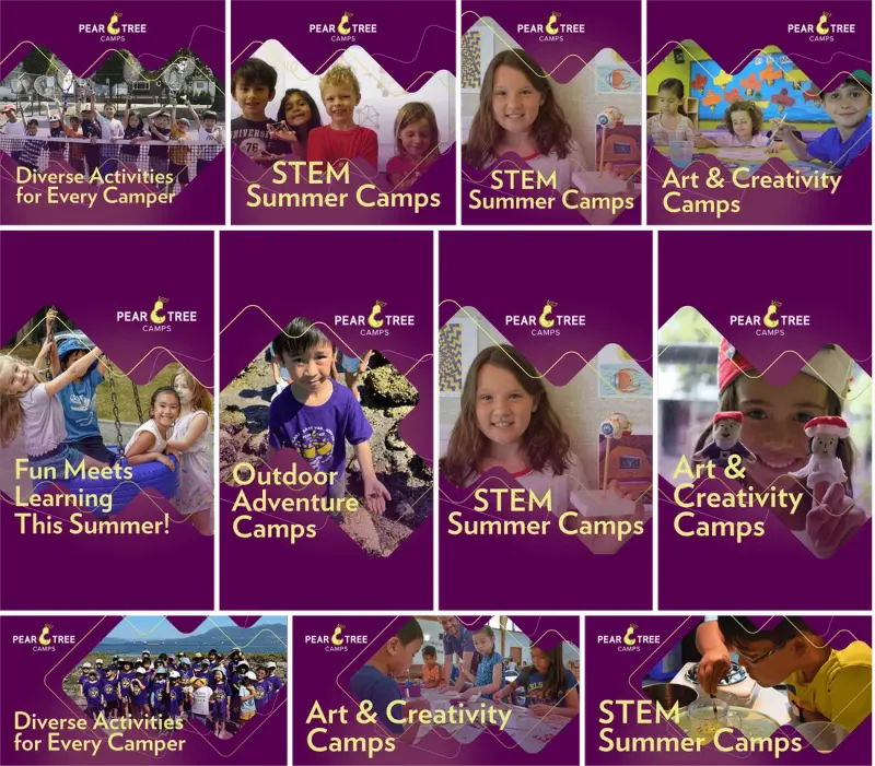 Pear Tree Camps social ads in purple with camper photos and headlines like 'STEM Summer Camps'