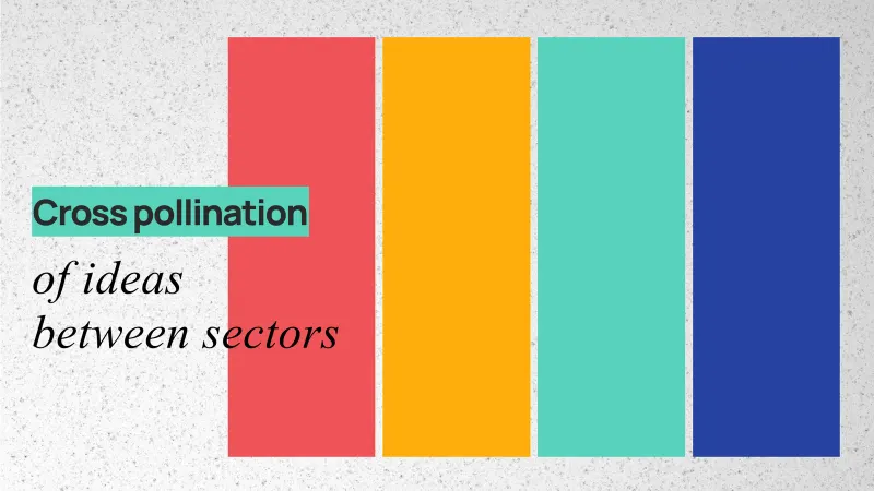 A motion graphic in red, yellow, teal and blue bars: “Cross pollination of ideas between sectors”