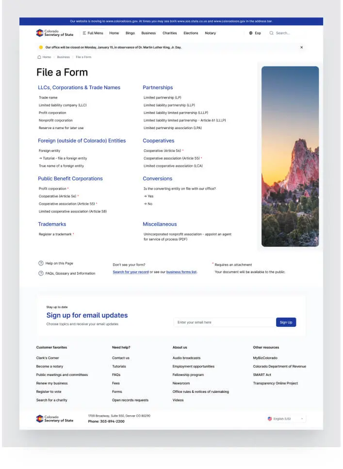 Colorado Secretary of State File a Form page listing business entity forms beside a rock formation photo