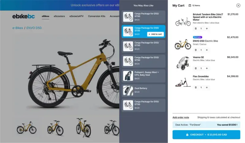 eBike BC website with a slide-out cart listing four bikes and a 'You May Also Like' accessories panel beside it
