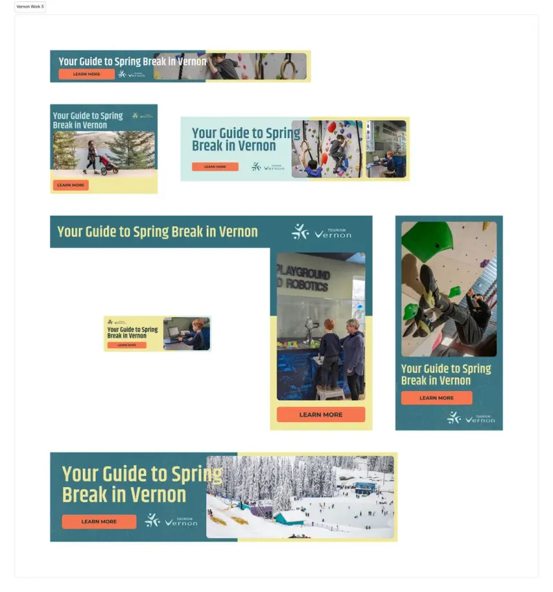 Tourism Vernon "Your Guide to Spring Break in Vernon" display ads in several sizes with climbing and snow photos