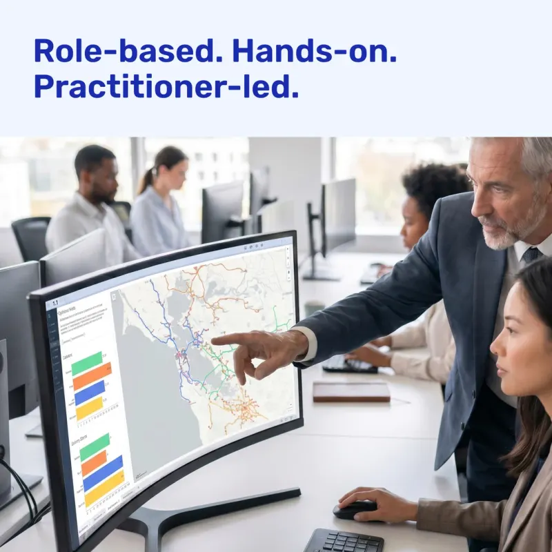 A square Cadeon ad, “Role-based. Hands-on. Practitioner-led.”, with a trainer pointing at a map on a screen