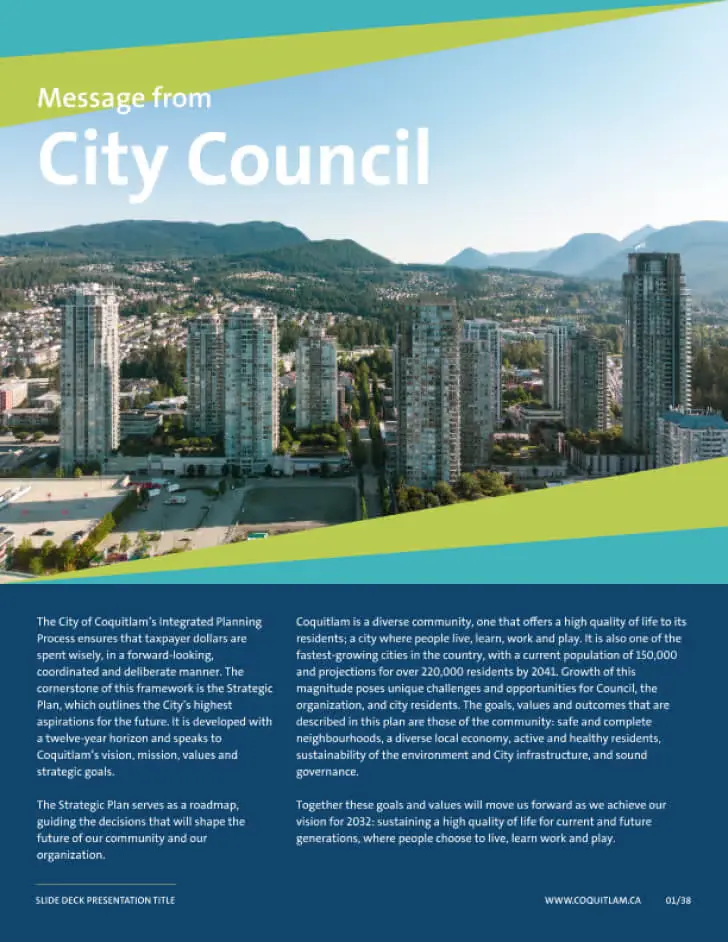 Coquitlam 'Message from City Council' report page with a skyline photo, green and teal angled bands and navy text panel