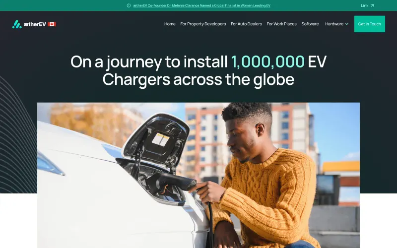 AetherEV’s company page, “On a journey to install 1,000,000 EV Chargers across the globe”, with a driver plugging in