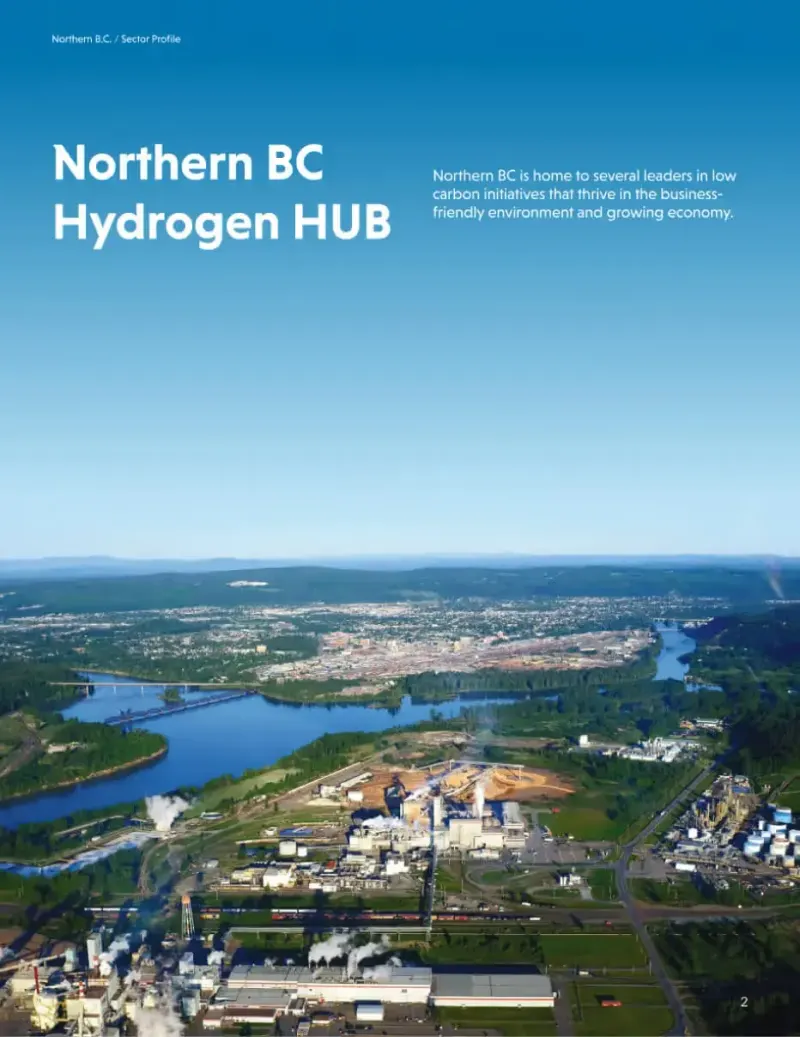 Prince George sector profile page 'Northern BC Hydrogen HUB' over an aerial photo of a river and industrial plant